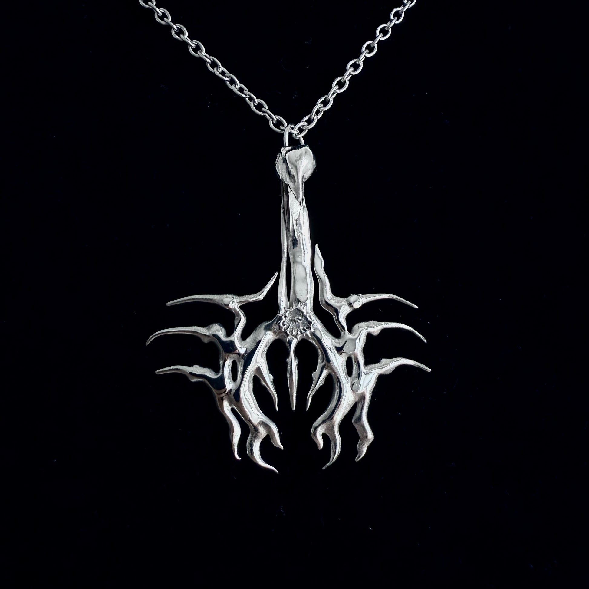 Silver scorpion pendant on a chain against a black background